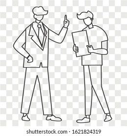 Business talk concept on transparency background. Man and woman working with laptop concept. Creative idea design. Flat vector illustration for template, brochure, web page or presentation. 