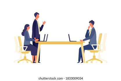 Concepto de charla de negocios. Ilustración vectorial de un hombre de negocios que habla. Concepto de videoconferencia, trabajadores en la oficina. Ilustración vectorial de diseño plano de los trabajadores.
