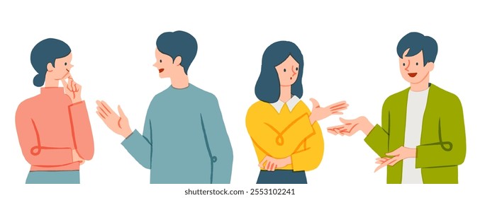 Concepto de charla de negocios. Ilustración vectorial de hablar de hombre de negocios. Video Concepto para la conferencia, los trabajadores en la oficina. Ilustración vectorial de diseño plano de personas trabajadoras.