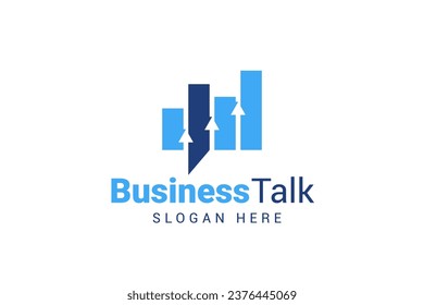 business talk and discussion logo design template. Bar chart and arrow isolated on bubble speech suitable for business forum logo design.