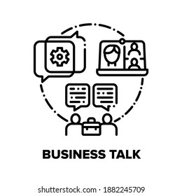 Business Talk Vektor Icon Konzept. Video Call Remote Conference mit Partnern oder Kollegen, Business Conversation und Online-Kommunikation, Client und Berater diskutieren Schwarze Illustration