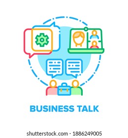 Business Talk Vector Icon Concept. Video Call Remote Conference With Partners Or Colleagues, Business Conversation And Online Communication, Client And Consultant Discussing Color Illustration