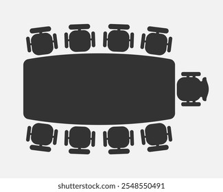 Ícone gráfico da tabela de conversas comerciais. A mesa e as cadeiras ao redor dele assinam isoladas no fundo branco. Ilustração vetorial