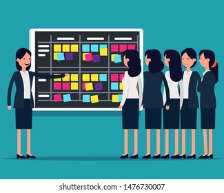 Business tam and planning together .Vector illustration discussing project business concept, Managing tasks on black board, Team Meeting, Brainstorming, Happy flat cartoon design.