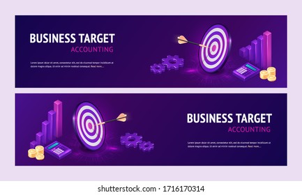 Business target accounting isometric landing page. Dart boards with arrows in bullseye, calculator and column chart. Goals achievement, success and competitors victory 3d vector axonometric web banner