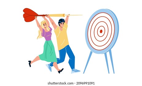 Vector de Empresarios para Logro de Objetivos Comerciales. Hombre Y Mujer Joven Con Dart Arrow, Objetivo De Negocio Y Objetivo. Caracteres que apuntan a la combinación de caricaturas planas Ilustración