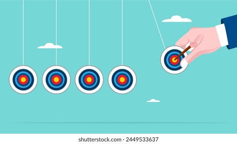 business target achievement as a milestone to achieve the next target, businessman pulling target board with bullseye arrow as e pendulum for milestone the next target svg