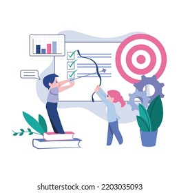 Business Target Achievement, Business people driving arrow to goal. Successful professional team hitting target. Vector illustration