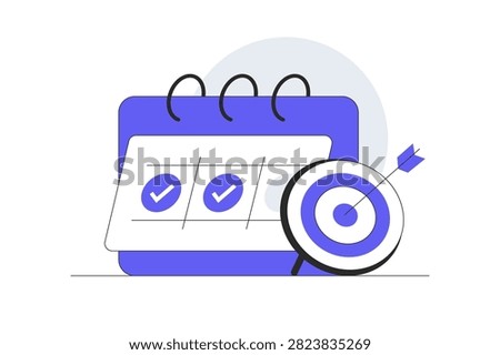 Business Target Achievement Strategy and Milestone Goal Tracking. Calendar Schedule Board with Completed Check Marks and Target Dart. Flat Cartoon Vector Illustration, icon Stylish abstract design landing page web