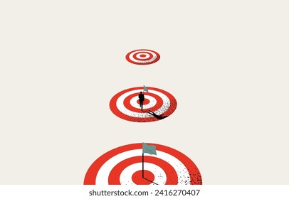 Business target achievement, success milestones concept, businessman running to flag on next target, vector illustration.