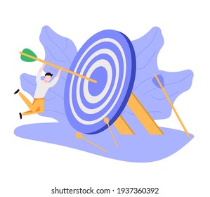 Business Target Achievement Or Success And Reaching For Target And Goal Concept, Businessman Leader Holding Dart Running From Rising Graph Arrow And Jump To Bullseye Target To Win In Business Strategy