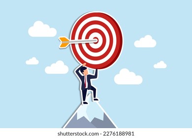 Business target, aiming high goal, objective or purpose, skill or aspiration to achieve target, precision or accuracy concept, success businessman holding big target with arrow hit bullseye center