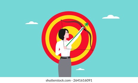 business target, aiming for purpose, ambition or aspiration to success, growth business objective or achievement, leadership or skill to achieve target concept, businesswoman archery aim to hit target