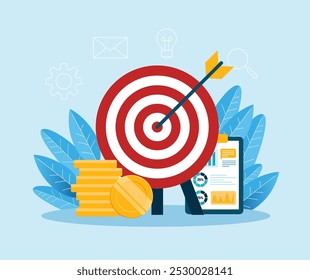 Business target with arrow, coin stacks, clipboard charts,  on blue background.