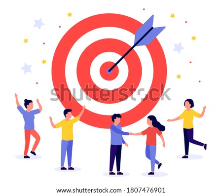 Business target with arrow and people. Teamwork, goal, motivation, target achievement, successful concept. Hit right on target, on bullseye. Game dart. Vector flat illustration