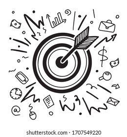 Business target and arrow reaching the center. Analysis vector doodle illustration. Growth strategy or financial goal concept. Growing graph and target as successful entrepreneurship metaphor.