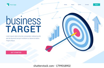 Business target banner. Concept of work strategy, company goal and focus. Vector landing page of business plan and success achievement with isometric illustration of arrow in center of dartboard