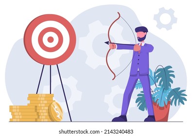 Business target. A businessman shoots at a target with an arrow.