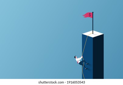 Business target and career growth concept. Businessman climbing a cliff on a rope symbol.