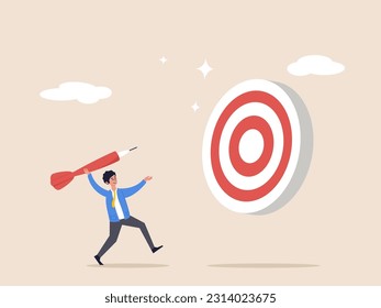 Business target concept. Aiming for big goal, challenge to achieve target, success or accuracy, ambition or determination to reach, businessman throwing huge dart, aiming to hit dartboard bullseye.