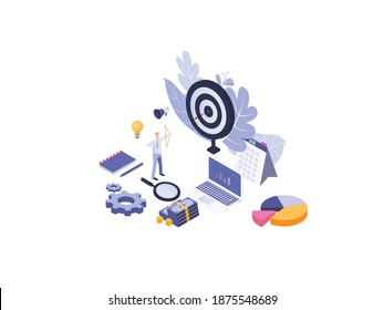 Business target concept: Businessman with bow and arrow aiming at the target center