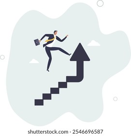 business target concept, confidence businessman step walking up stair of success with rising up arrow.flat characters.