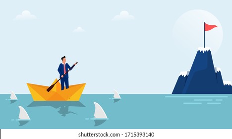 Business target concept design. Businessman character on paper boat surrounded by sharks. Focus on target and process. Flat style vector illustration