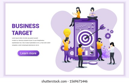 Business target concept design. People working together on giant mobile phone for reach the target. Goal achievement, Successful team work. Flat vector illustration