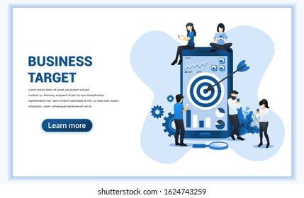 Business target concept design. People working together on giant mobile phone for reach the target. Goal achievement, Successful team work. Flat vector illustration