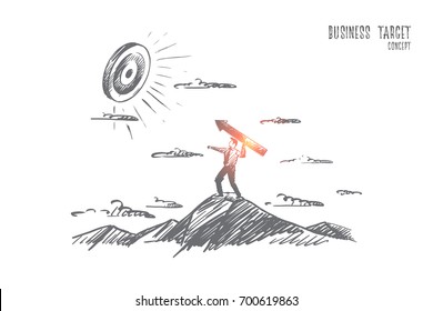 Business target concept. Hand drawn man achieving great goals. Target and man with an arrow isolated vector illustration.