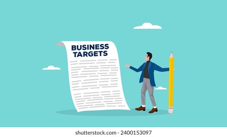 business target concept illustration, business goal concept, business target and achievement illustration, businessman who is explaining strategy and business target while carrying a big pencil vector