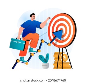 Concepto de objetivo de negocio en diseño plano moderno. Un hombre de negocios con maletín sube a la flecha hasta el tablero. Logro de objetivos de carrera, liderazgo, estrategia empresarial e inversión. Ilustración del vector
