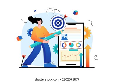 Business target concept with people scene in the flat cartoon design. Employee Thinks about where it is easier to concentrate the company's forces. Vector illustration.