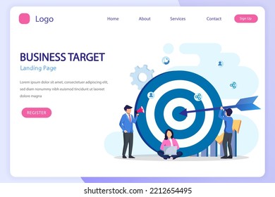 Business target concept. People working together on giant mobile phone for reach the target. Goal achievement, Flat vector template