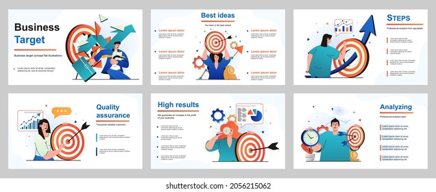 Business target concept for presentation slide template. Businessman and businesswoman achieve goals, successful company, development strategy, leadership. Vector illustration for layout design