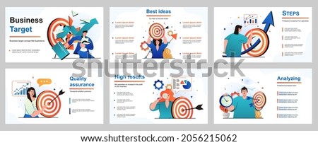 Business target concept for presentation slide template. Businessman and businesswoman achieve goals, successful company, development strategy, leadership. Vector illustration for layout design