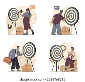 Business target concept scenes set in flat web design. People in situations of hitting bullseye and achieving goals, planning strategy and company mission, doing job progress. Vector illustrations.