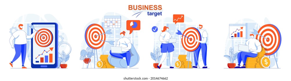 Conjunto de conceptos de objetivo comercial. Análisis de los consumidores, planificación y consecución de objetivos. La gente aisló escenas en diseño plano. Ilustración vectorial para blogs, sitio web, aplicación móvil, materiales promocionales.