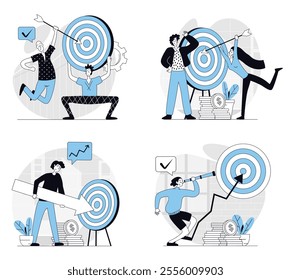 Business target concept set in flat design for web. Collection with people working in team, planning strategy and mission, hitting bullseye and achieving goals and challenges. Vector illustrations.