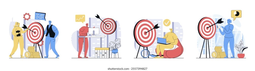 Business target concept set in flat design for web. Collection with people planning strategy and company mission, hitting bullseye at dartboard, achieving goals and challenges. Vector illustrations.