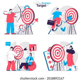 Conjunto de conceptos de objetivo comercial. Orientación, aumento de beneficios, éxito de marketing. La gente aisló escenas en diseño plano. Ilustración vectorial para blogs, sitio web, aplicación móvil, materiales promocionales.