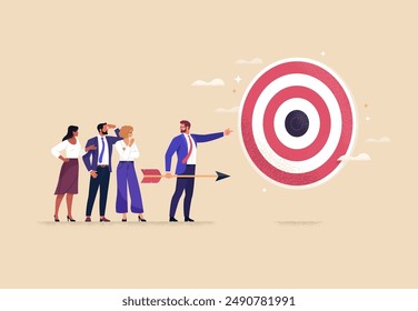 Business Target Concept. Vector illustration in flat style of a diverse business team led by a leader with an arrow in his hand pointing at a target. Isolated on background 