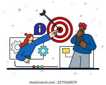 Business target concept. Woman tell about arrows target and male thinking business strategy. Challenge, aim, achievement, teamwork, employee, marketing, development. Cartoon flat vector illustration. 