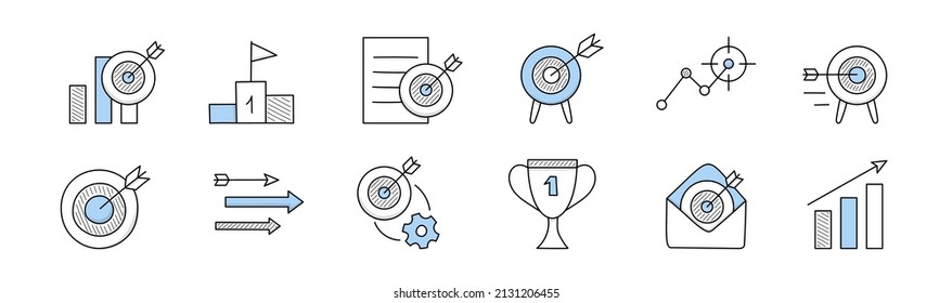 Business target doodle icons. Concept of work strategy, focus, goals. Vector set of hand drawn symbols of dartboard with arrow in center, award and growth chart isolated on white background