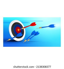 Business Target Fall And Achieve Banner Vector. Target And Arrows Try Hitting In Center, Businessman Strategy Mistakes And Success Achievement. Archery In Bullseye Template Realistic 3d Illustration