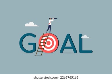 Business target or future vision, business opportunity or challenge ahead, target to achieve more goal and success, confidence businessman with telescope climb up ladder on goal