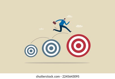 Business target, Goal achievement. Aiming, Aspirations, Achievement. Businessman jumping towards a larger goal. Illustration