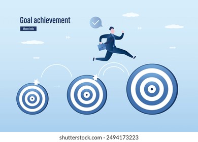 Business target, goal achievement. Aiming and aspirations. Confident businessman jumping towards larger goal, boost your business. Skills improvement. Career ladder. flat vector illustration