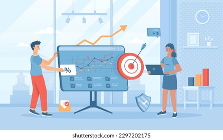 Business target. Goal achievement leadership successful teamwork. Productive target management. Flat cartoon vector illustration with people characters for banner, website design or landing web page