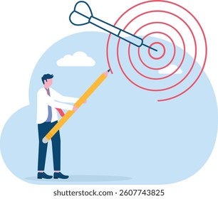 business target or goal, businessman drawing a dart board with arrows on target using a pencil concept vector illustration

